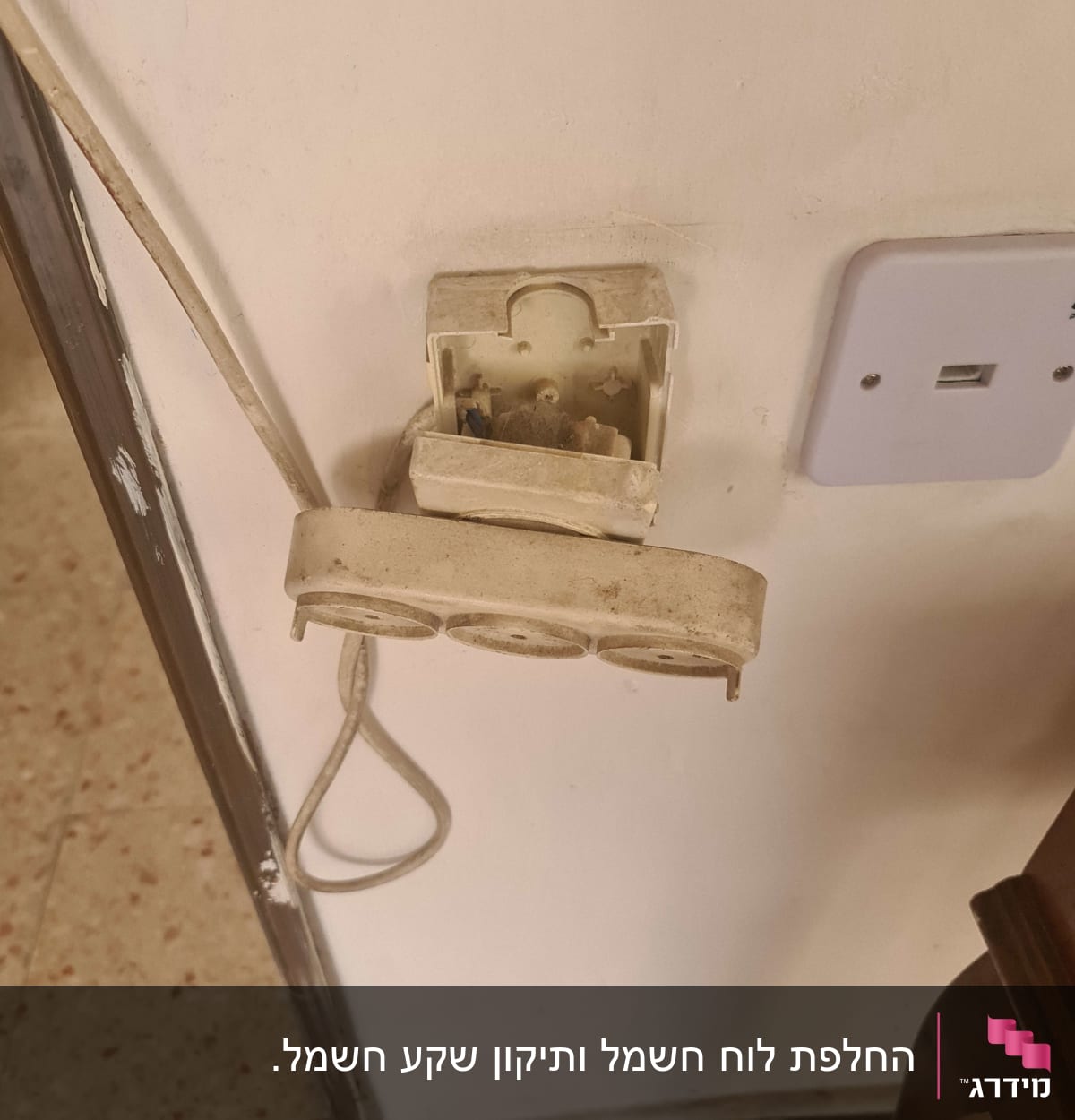 שקע חשמלי פתוח עם חוטים חשופים על הקיר